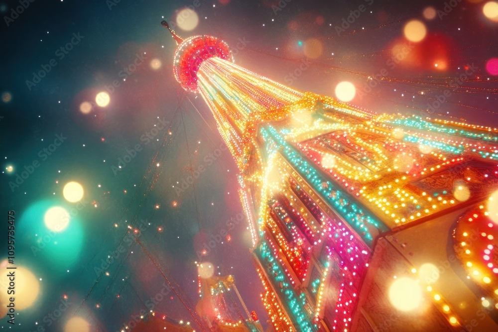 Poster a brightly lit tower adorned with colorful lights, creating a festive atmosphere.