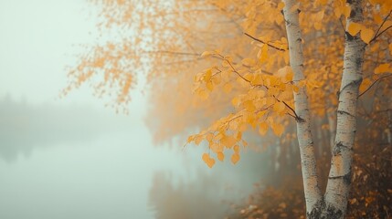 Minimalist photography of birch trees with yellow leaves standing in a hazy mist, creating a serene and tranquil natural atmosphere with soft, muted colors and a peaceful, foggy environment.