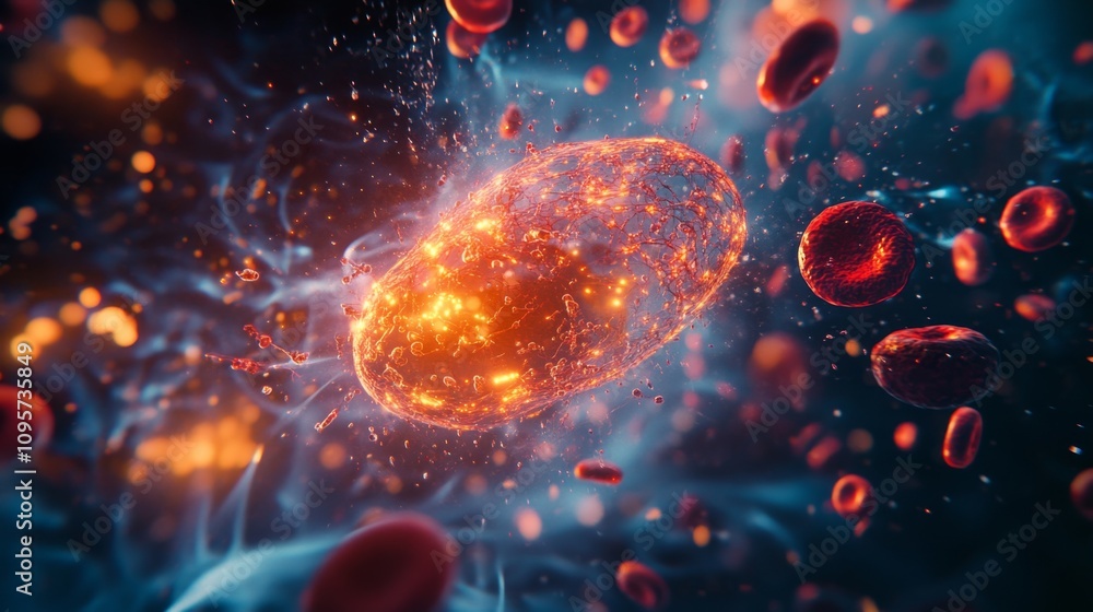 Poster dynamic cellular interactions and energy flow in microscopic life science lab digital art high energ