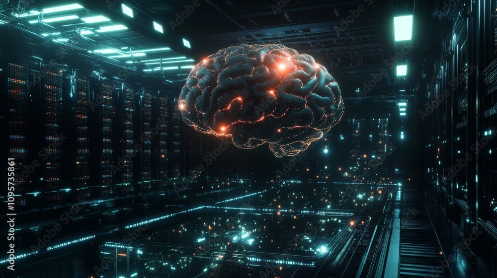 Poster exploring the future of ai neural networks in a high-tech data center digital art futuristic environ