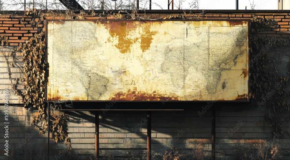 Poster An old, weathered map displayed on a rusted billboard, surrounded by overgrown vegetation.