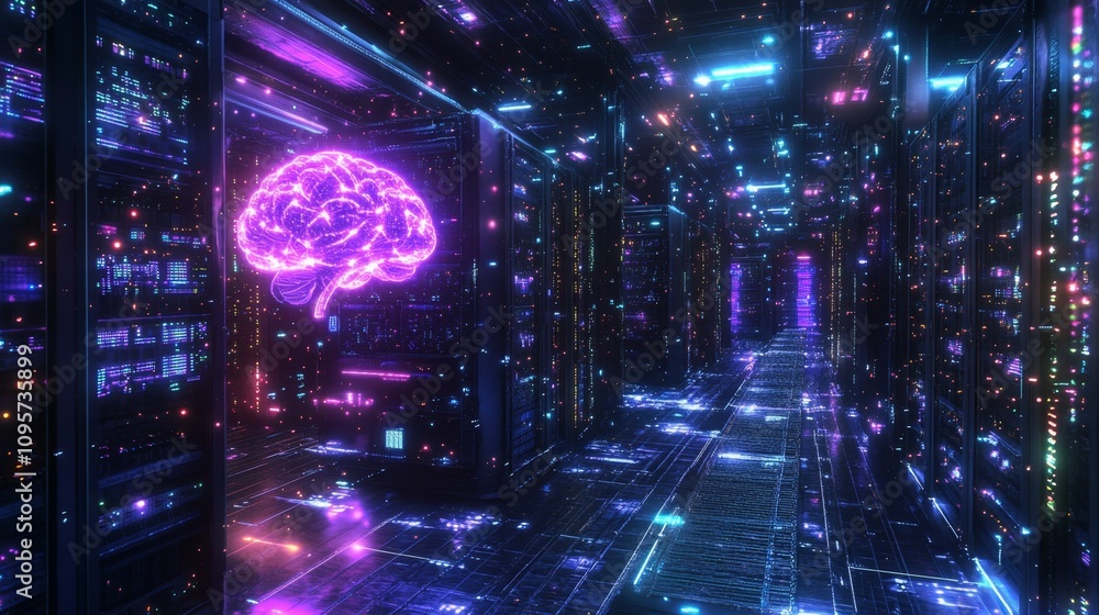 Poster futuristic neural network visualization data center digital art high-tech environment abstract viewp