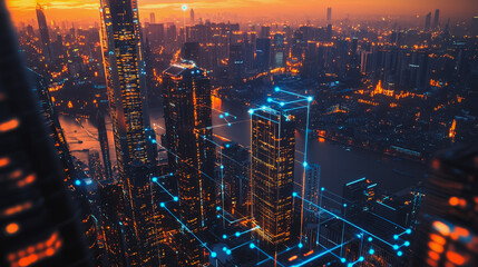 Fototapeta premium Smart digital Innovation city with connection network reciprocity over the cityscape. of future smart wireless digital city and social media networking systems that connects people with in city