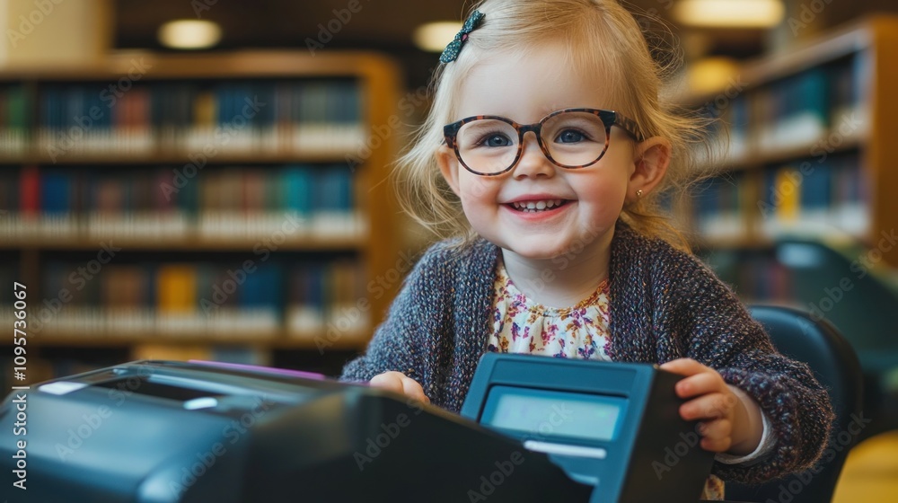 Poster a smiling child at a library checkout desk, engaging with books and learning.