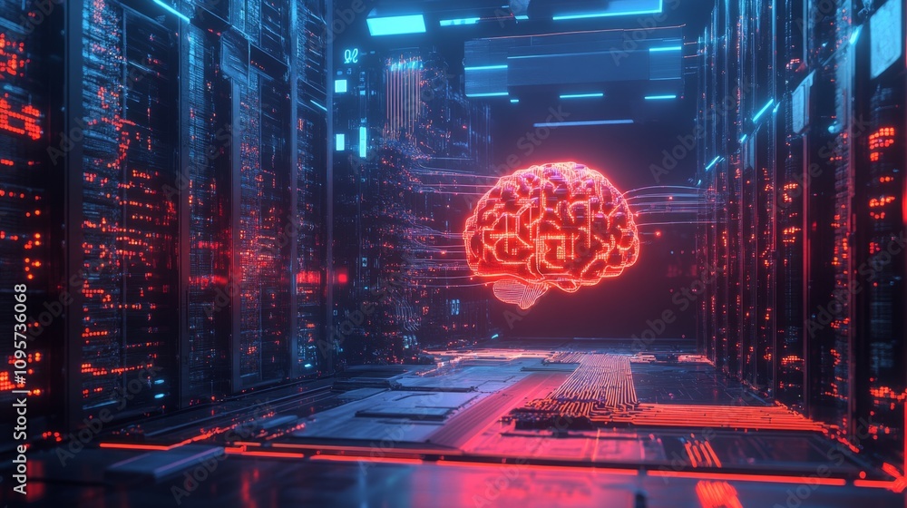 Poster exploring artificial intelligence systems tech lab digital art futuristic environment close-up view 