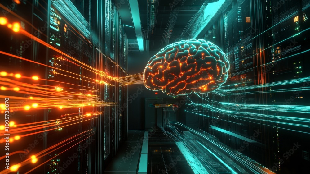 Poster exploring artificial intelligence neural networks integration in data centers digital realm 3d visua