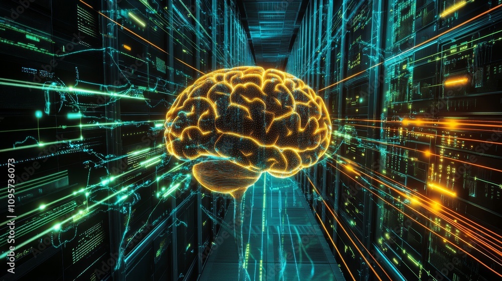 Poster artificial intelligence brain visualization data center digital art futuristic environment close-up 