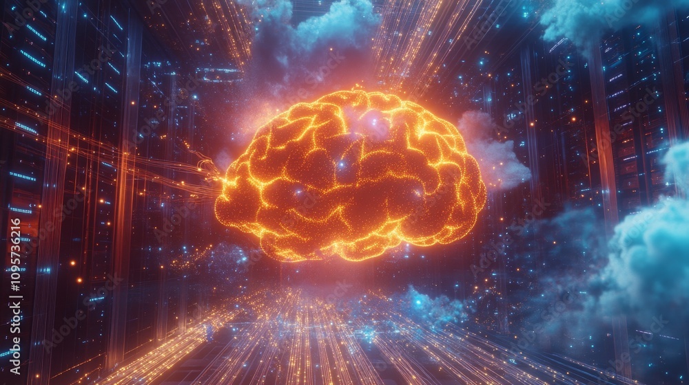 Poster exploring neural networks virtual brain animation digital realm visual art futuristic dynamic concep