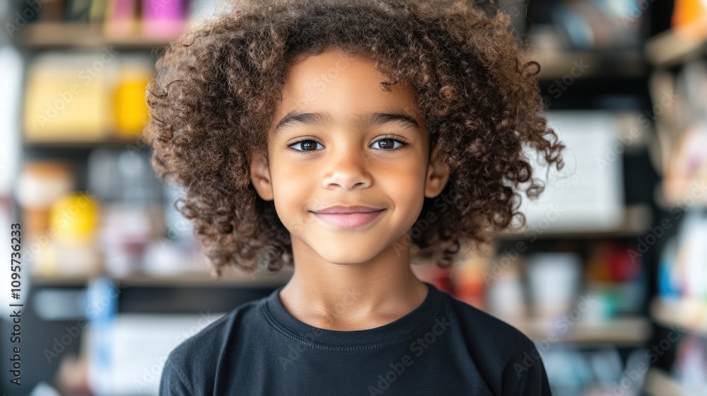 Aufkleber A smiling child with curly hair stands in front of a blurred background of shelves.