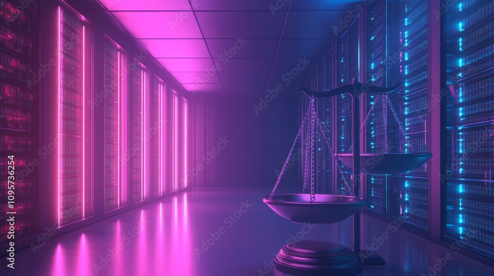 Aufkleber digital justice system in neon-lit data center technology legal environment futuristic viewpoint for