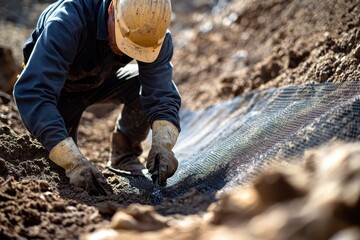 Worker installing erosion control mat. He secures the mesh to prevent soil loss and stabilize the slope.
