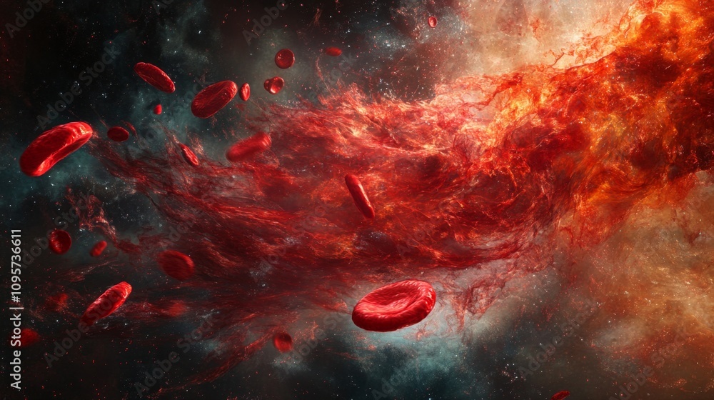 Poster cosmic bloodstream abstract visualization of red cells in galactic setting digital art space surreal