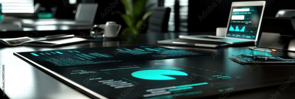 Poster Modern workspace featuring data analytics on a touchscreen table and laptops.