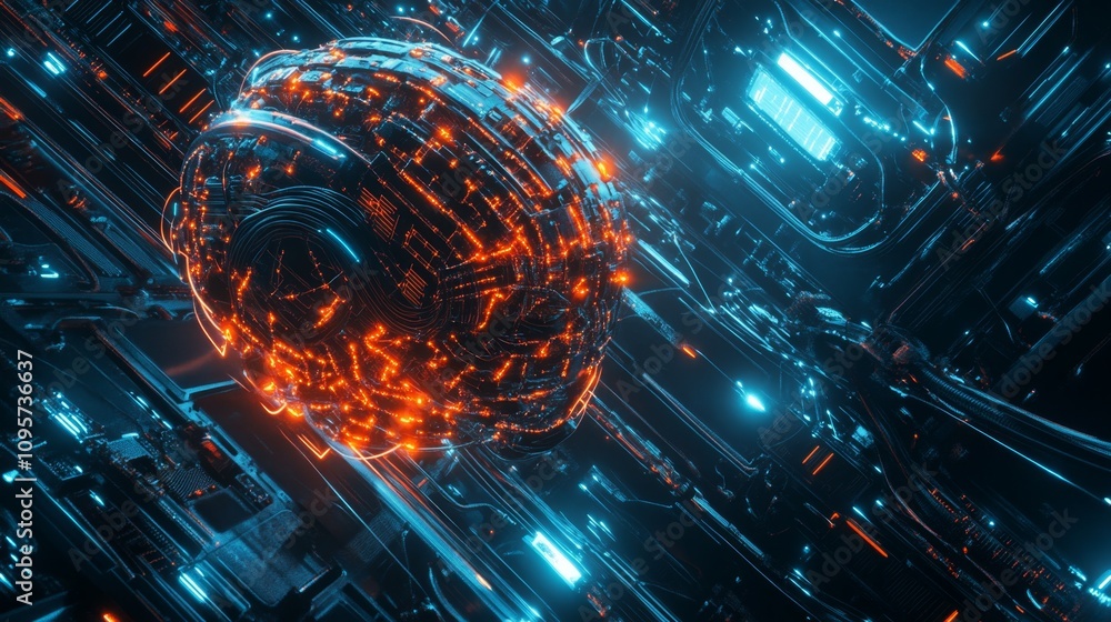 Poster futuristic digital sphere virtual space 3d rendering neon environment aerial view technology concept