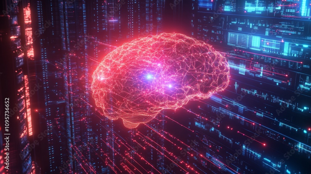 Poster exploring neural networks and ai processing digital environment 3d visualization futuristic concept 