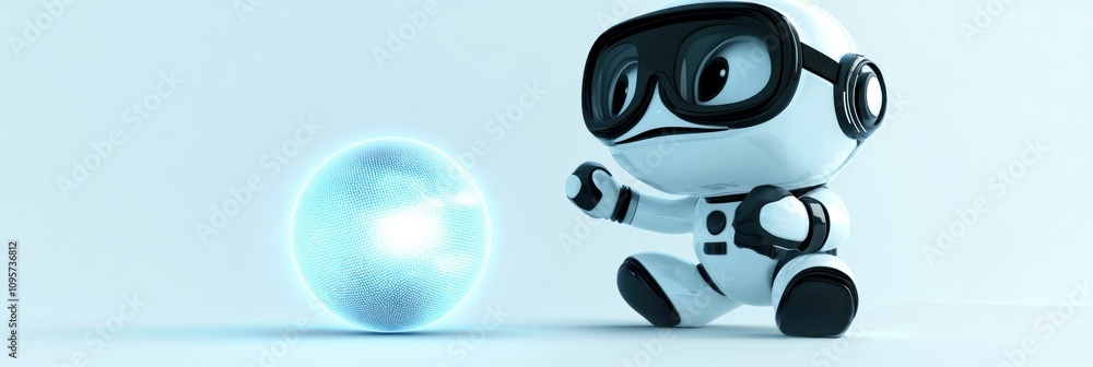 Poster A cute robot character interacting with a glowing orb in a minimalistic setting.