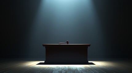 Courtroom action featuring gavel on judge's desk dramatic lighting legal drama intimate environment focused viewpoint justice concept