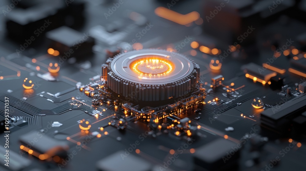 Poster abstract digital circuit with illuminated processor and neon glow effects on a dark background, show