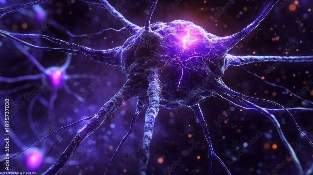 Poster a detailed depiction of a neuron with electric activity, illustrating neural connections.