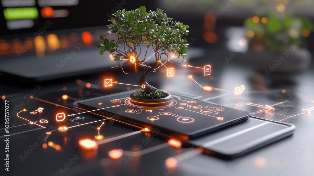 Poster digital transformation concept featuring smartphone and growing tree representing sustainable techno