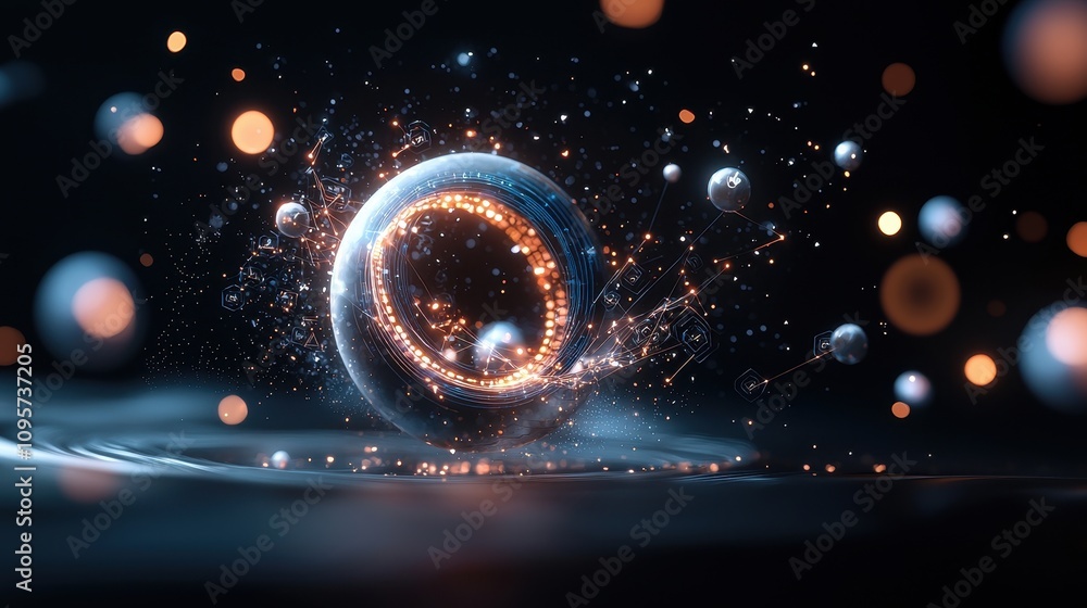 Poster abstract digital artwork featuring a luminous spherical shape with glowing particles and vibrant lig