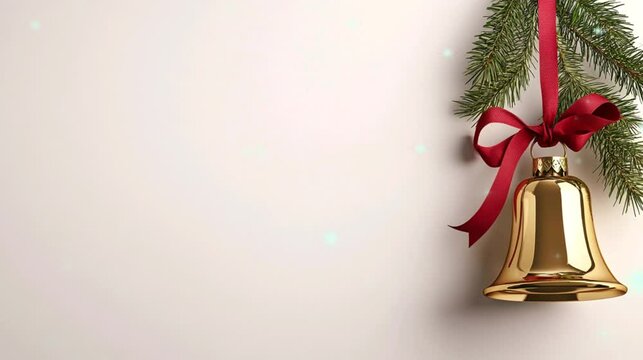 A golden Christmas bell with red ribbon and pine leaves, copy space for text, video footage greeting card.