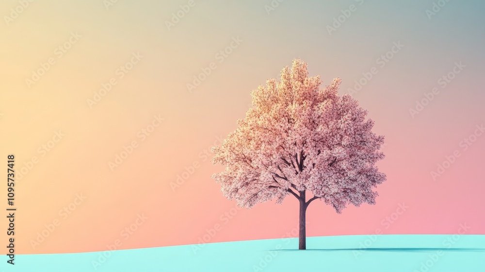 Poster minimalist tree design on a soft pastel background, featuring simple shapes and clean lines, creatin