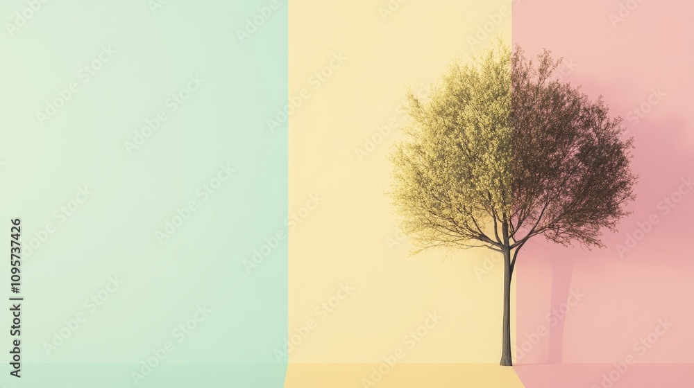 Poster minimalist tree design on a soft pastel background, featuring simple shapes and clean lines, creatin