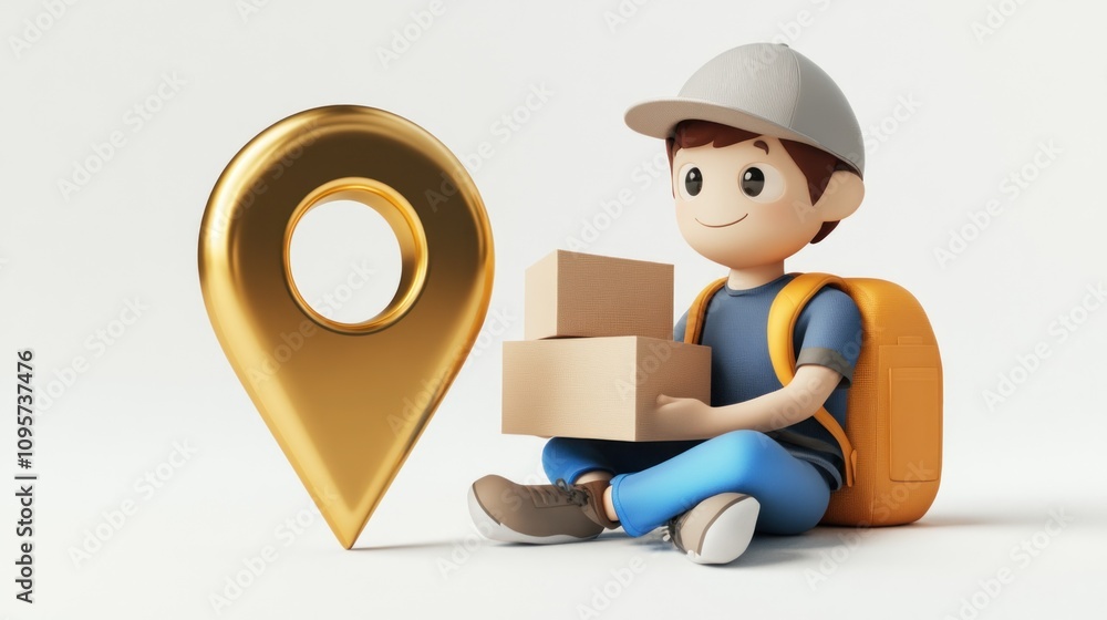 Poster a cartoon character with a cap holds boxes near a golden location pin.