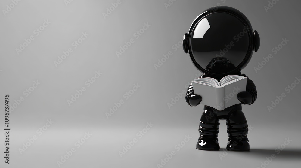 Poster a stylized figure in a space suit reading a book in a minimalist setting.