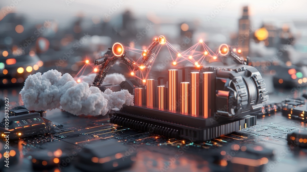 Poster futuristic industrial data visualization with robotic automation and cloud computing enhancements fo