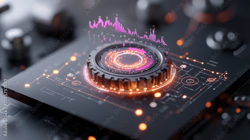 Poster futuristic visualization of sound waves with digital elements representing music and audio technolog
