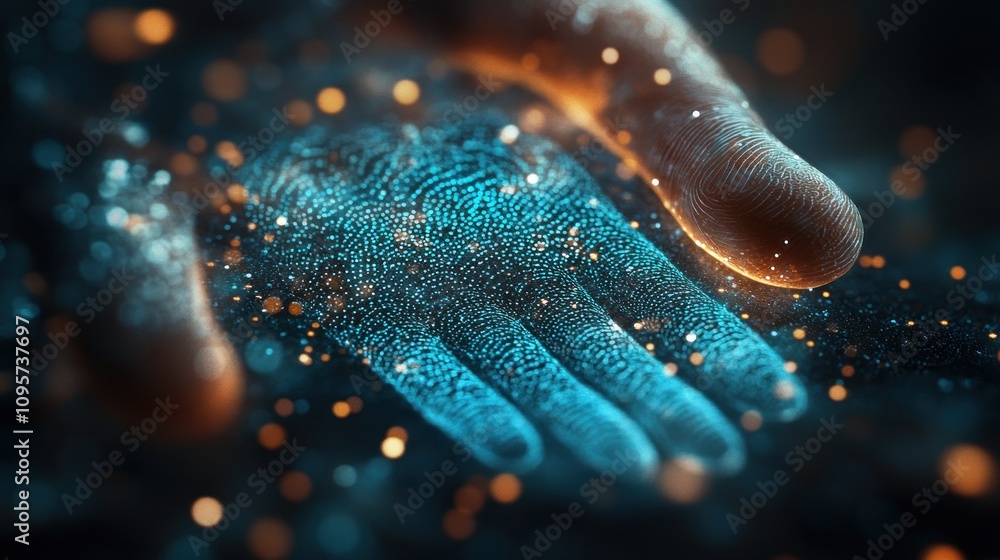 Poster a close-up of a hand with glowing fingerprints and particles, symbolizing identity and technology.