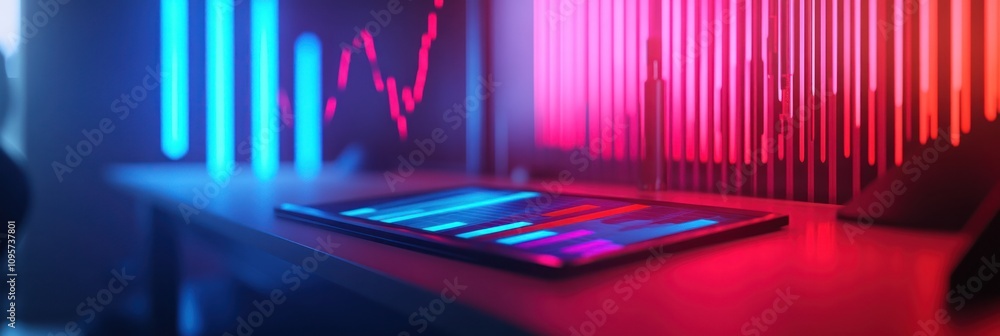 Poster A modern workspace featuring a tablet and colorful data visualizations.