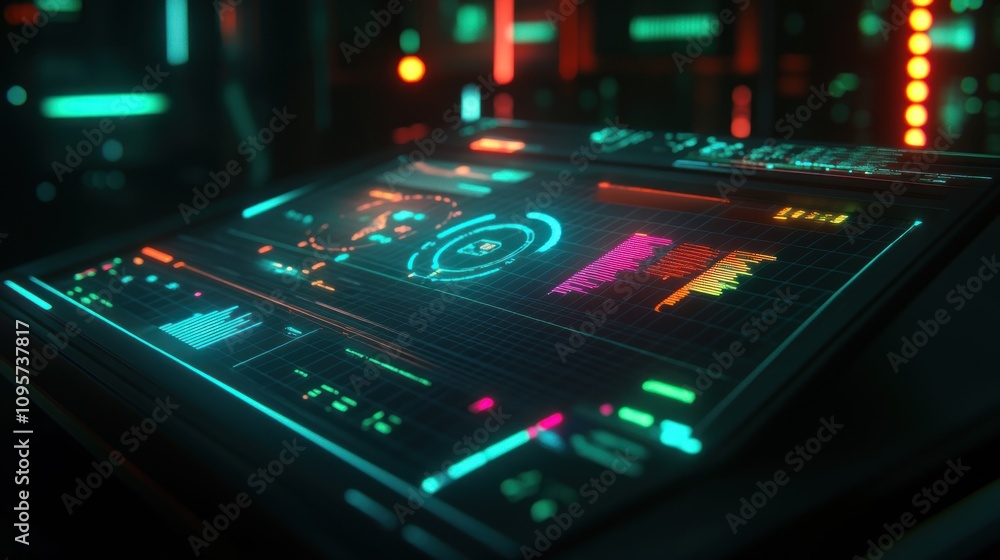 Aufkleber A futuristic digital interface displaying data visualizations and analytics.
