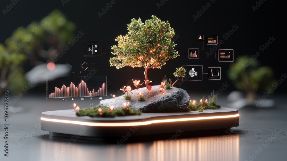Poster Modern Digital Artwork Featuring a Miniature Tree with Interactive Data Visualizations on a Sleek Platform Surrounded by Greenery and Soft Lighting