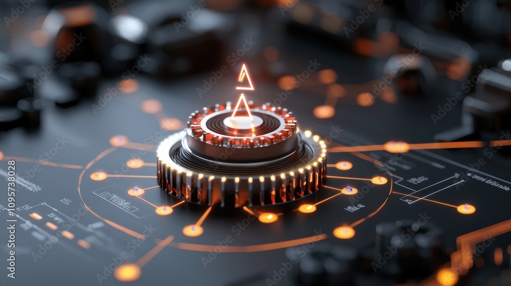 Aufkleber high-tech control knob with glowing indicators against a dark background featuring intricate circuit