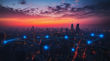 Fototapeta premium Smart digital city with connection Innovation network reciprocity over the cityscape . Concept of future smart wireless digital city and social media networking systems that connects business people