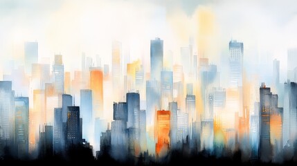 Fototapeta premium Urban Sunrise Over Cityscape Digital Artwork Modern Aesthetic Abstract Wide View Serenity