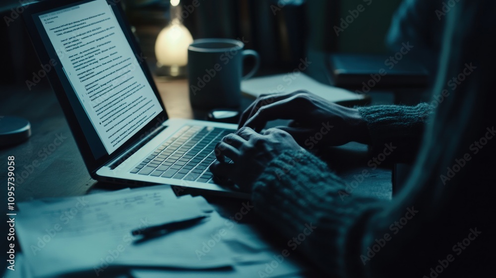 Aufkleber a person typing on a laptop surrounded by papers and a cup in a dimly lit setting.