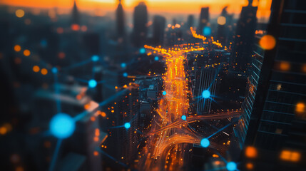 Smart digital city with connection Innovation network reciprocity over the cityscape . Concept of future smart wireless digital city and social media networking systems that connects business people