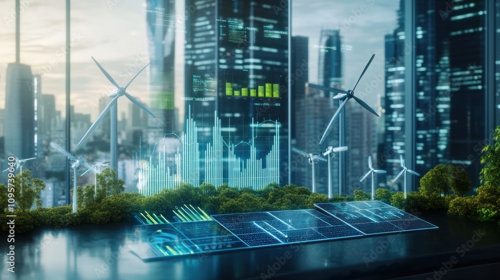Poster futuristic cityscape with wind turbines and digital data displays.