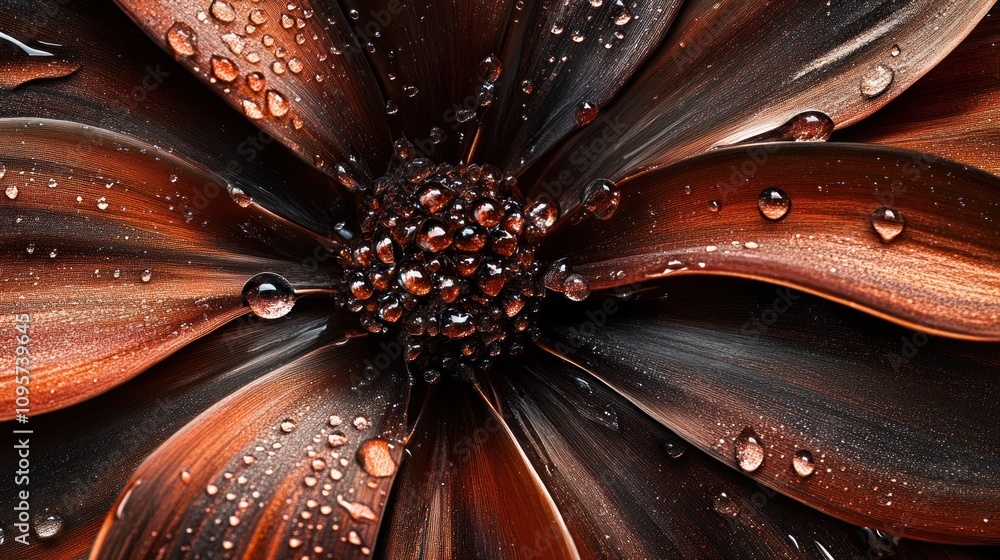 Poster a close-up of a flower with droplets, showcasing intricate textures and colors.