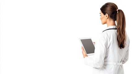 Medical AI diagnosis predictive concept. A healthcare professional in a white coat holds a tablet, facing away, symbolizing modern medical practices and technology integration in healthcare.