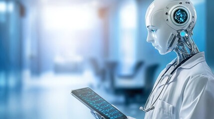 Medical AI diagnosis predictive concept. A futuristic robot wearing a lab coat holds a tablet, symbolizing the integration of technology and healthcare in a modern medical environment.