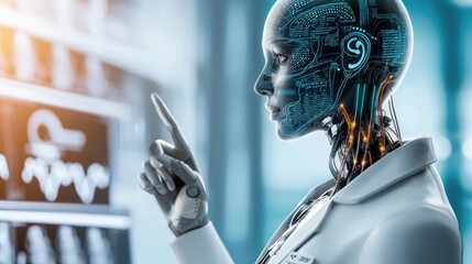 Medical AI diagnosis predictive concept. A futuristic robot with a digital interface interacts with a high-tech screen, blending advanced technology and human-like features.