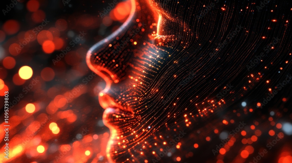 Poster a digital representation of a face illuminated by glowing particles and lines.