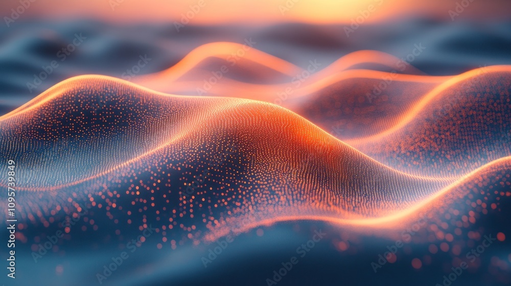 Poster abstract waves with glowing particles, evoking a sense of movement and depth.