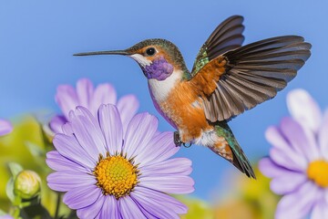 Fototapeta premium Hummingbird Hovering Near Purple Flowers Wildlife Nature Photography
