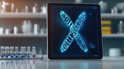 Medical AI diagnosis predictive concept. A digital display shows a blue, glowing representation of a chromosome, set against a blurred laboratory background with laboratory glassware.